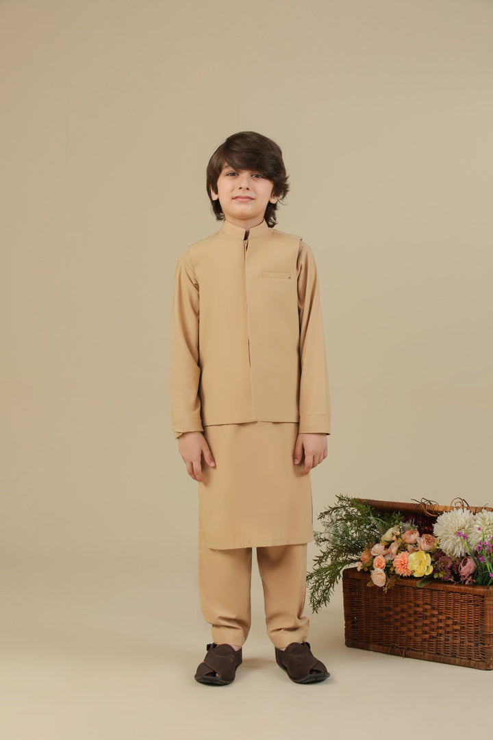 Muraqsh Ready To Wear Solids Cotton Boys Camel Kurta Trouser with Blended Waistcoat MUR-CKTWB - Summer Collection