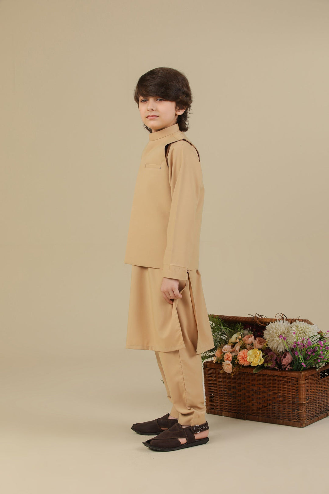 Muraqsh Ready To Wear Solids Cotton Boys Camel Kurta Trouser with Blended Waistcoat MUR-CKTWB - Summer Collection