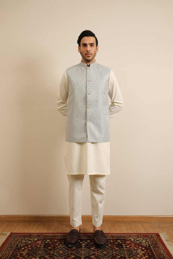 Muraqsh Ready To Wear Solids Cotton Men Sky Blue Jamawar Textured Waistcoat MURBJTW - Summer Collection