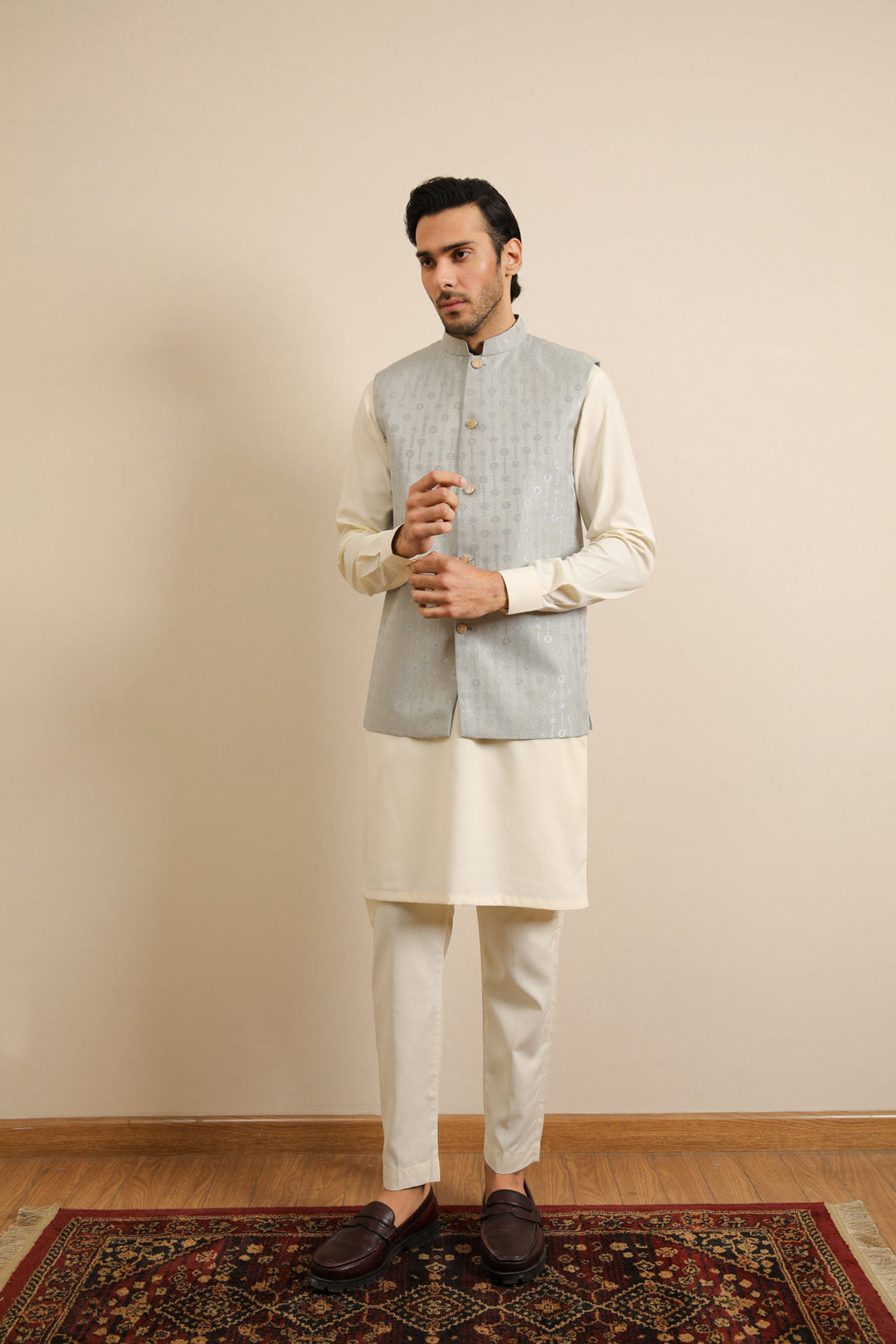 Muraqsh Ready To Wear Solids Bosky Men Bosky White Kurta Trouser with Sky Blue Jamawar Waistcoat MUR-BWKTW - Summer Collection