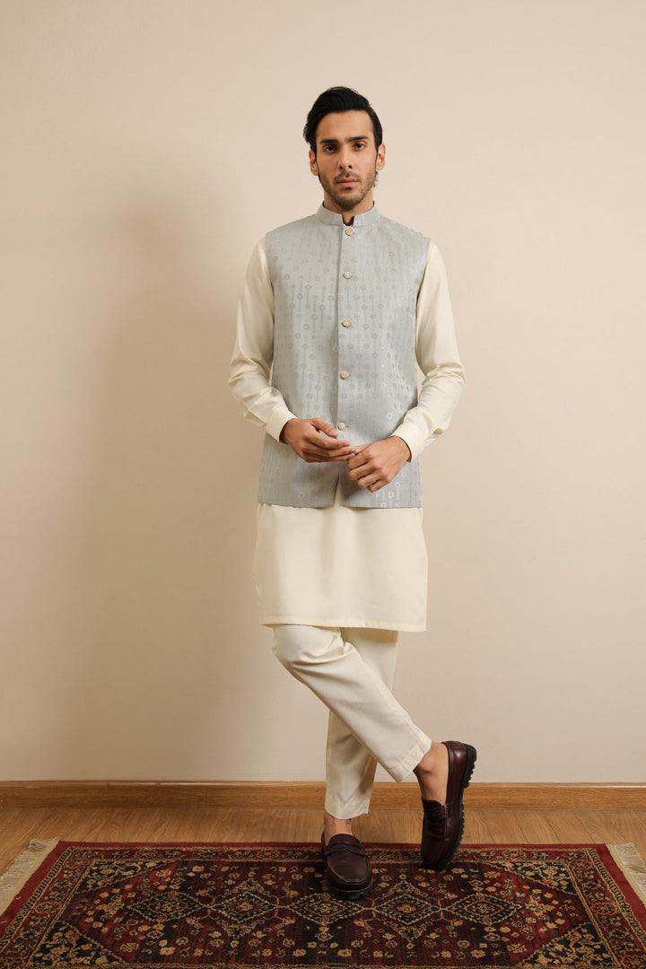 Muraqsh Ready To Wear Solids Bosky Men Bosky White Kurta Trouser with Sky Blue Jamawar Waistcoat MUR-BWKTW - Summer Collection
