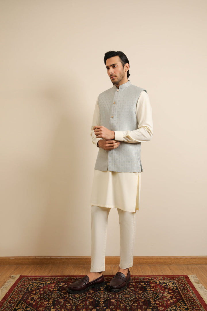 Muraqsh Ready To Wear Solids Cotton Men Sky Blue Jamawar Textured Waistcoat MURBJTW - Summer Collection