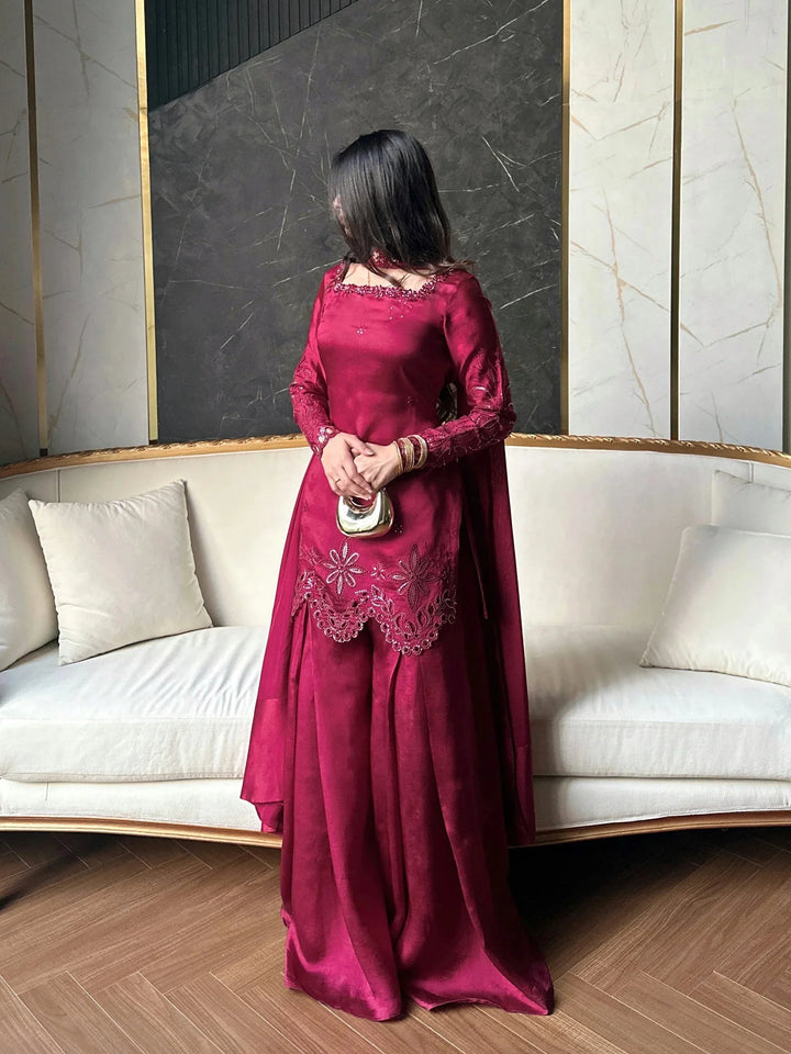 Scherezade Women RTW Embroidered Sheesha Silk 3 Piece Suit BERRY - Festive Collection
