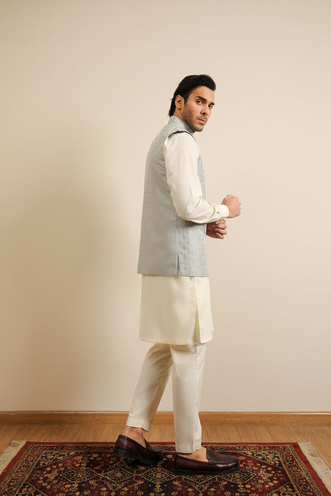 Muraqsh Ready To Wear Solids Bosky Men Bosky White Kurta Trouser with Sky Blue Jamawar Waistcoat MUR-BWKTW - Summer Collection