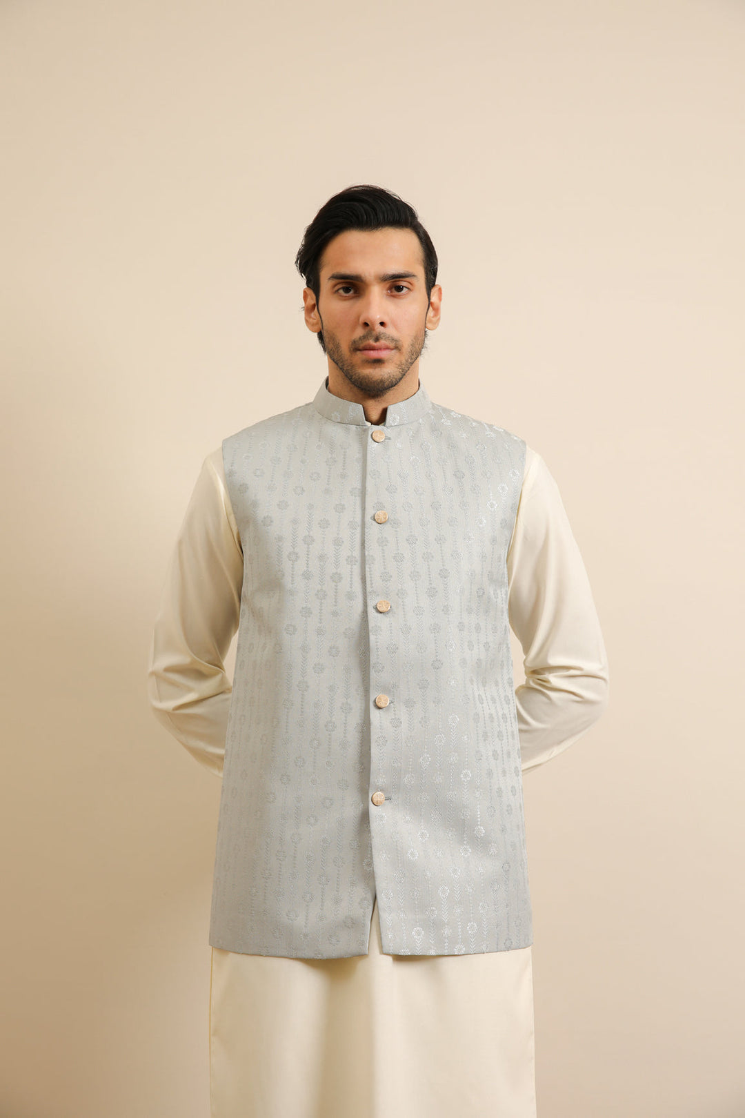 Muraqsh Ready To Wear Solids Cotton Men Sky Blue Jamawar Textured Waistcoat MURBJTW - Summer Collection