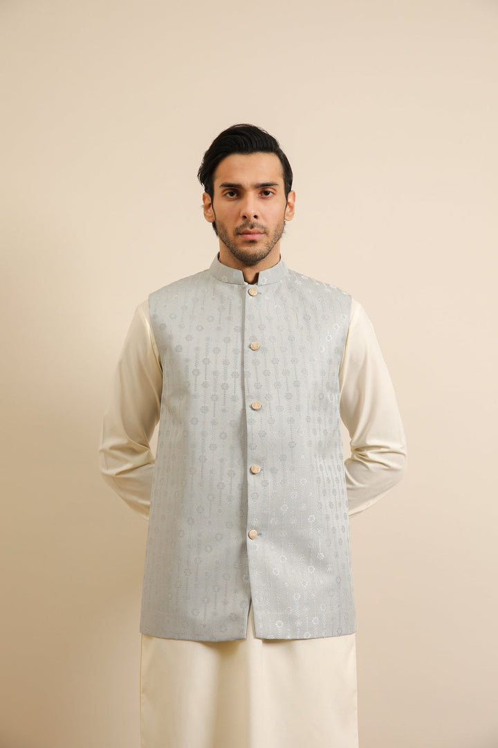 Muraqsh Ready To Wear Solids Bosky Men Bosky White Kurta Trouser with Sky Blue Jamawar Waistcoat MUR-BWKTW - Summer Collection