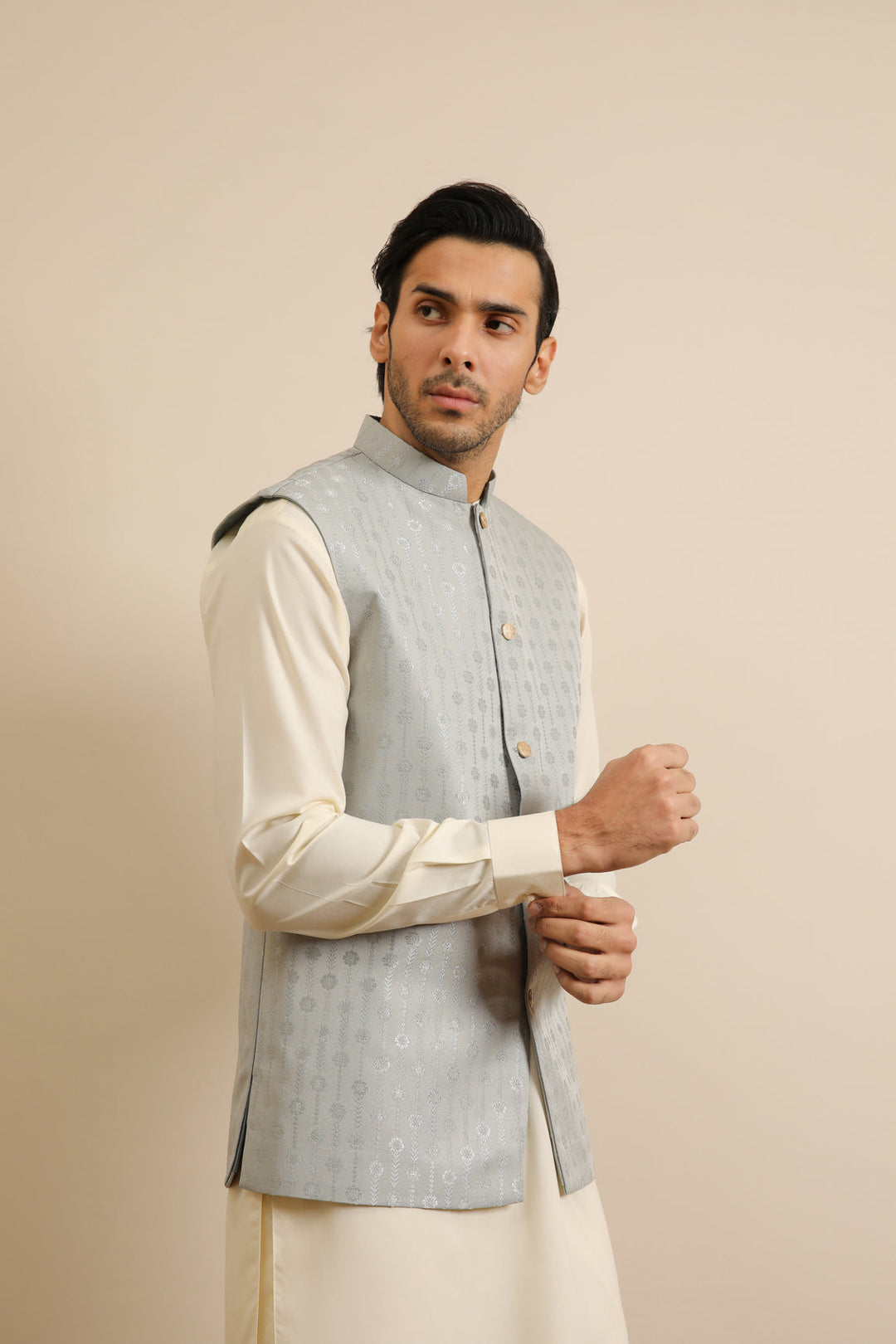 Muraqsh Ready To Wear Solids Cotton Men Sky Blue Jamawar Textured Waistcoat MURBJTW - Summer Collection