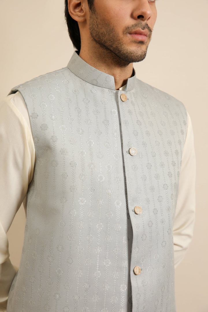 Muraqsh Ready To Wear Solids Cotton Men Sky Blue Jamawar Textured Waistcoat MURBJTW - Summer Collection