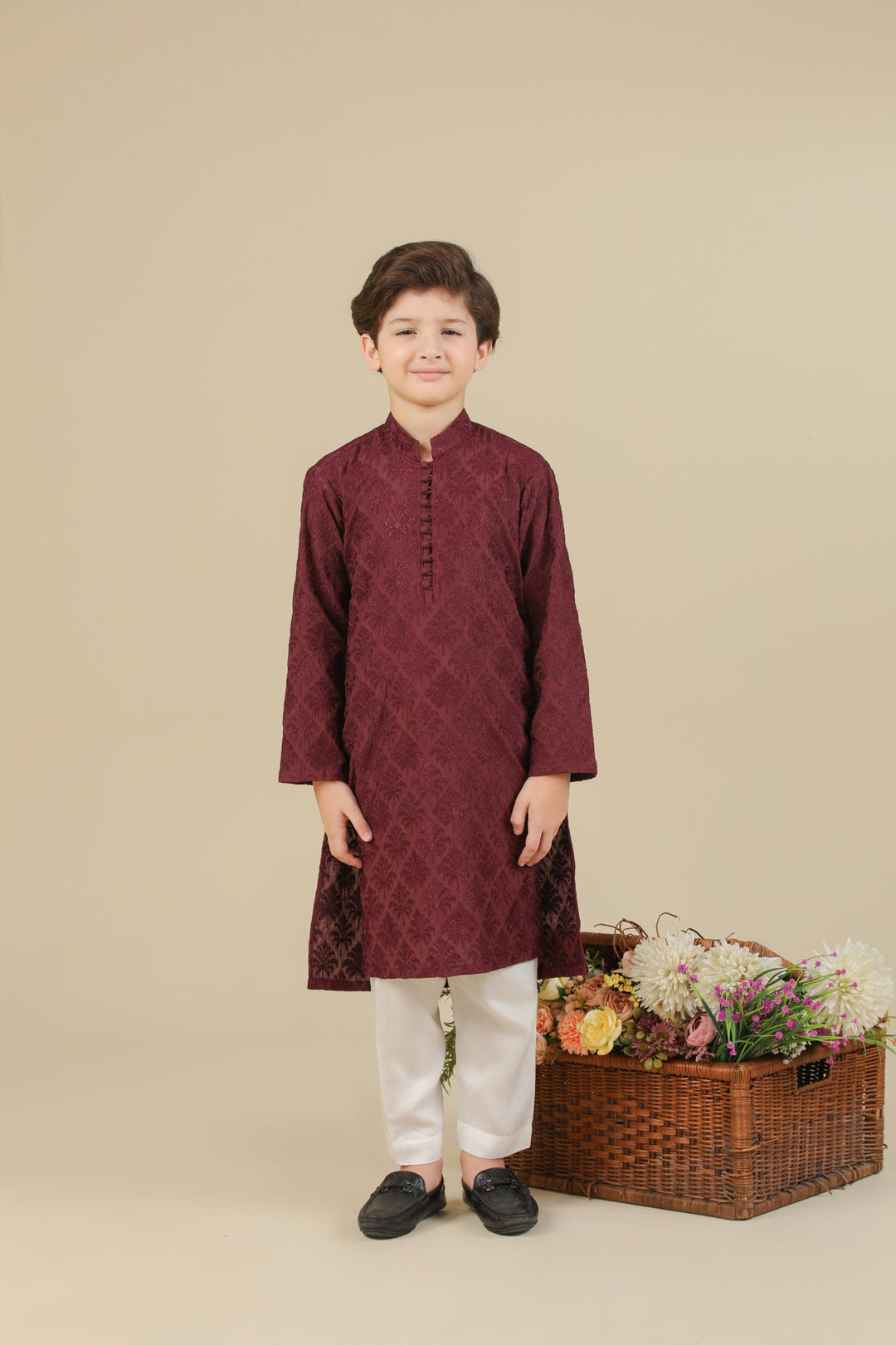Muraqsh Ready To Wear Embroidered Silk Boys Miras Maroon Kurta Trouser MURRS - Winter Collection