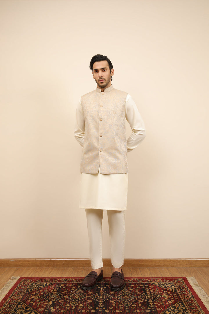Muraqsh Ready To Wear Solids Cotton Men Blue Gold Textured Jamawar Waistcoat MUR-BGTJW - Summer Collection