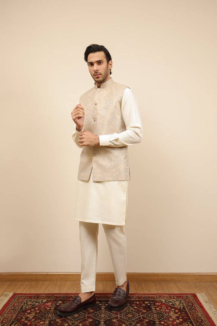 Muraqsh Ready To Wear Solids Cotton Men Blue Gold Textured Jamawar Waistcoat MUR-BGTJW - Summer Collection