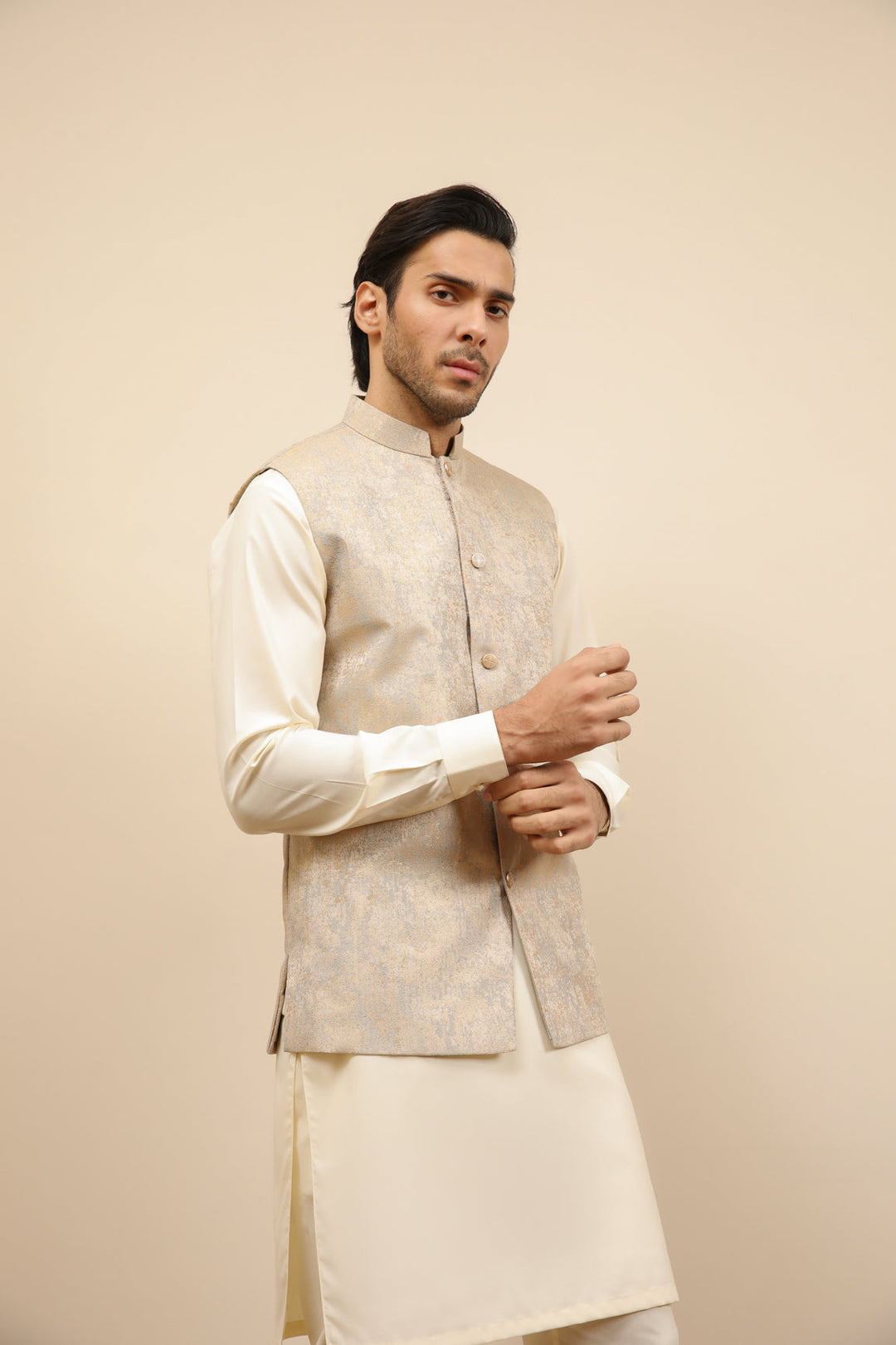 Muraqsh Ready To Wear Solids Cotton Men Blue Gold Textured Jamawar Waistcoat MUR-BGTJW - Summer Collection
