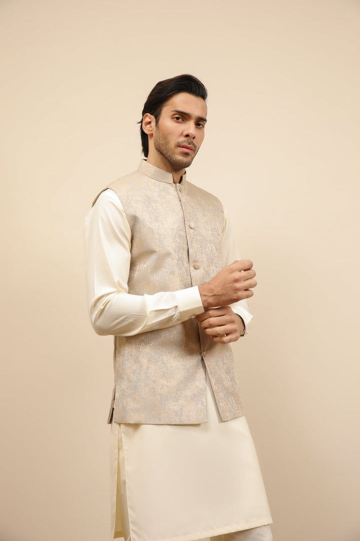 Muraqsh Ready To Wear Solids Bosky Men Bosky White Kurta Trouser with Blue Gold Jamawar Waistcoat MUR-BWKTW - Summer Collection