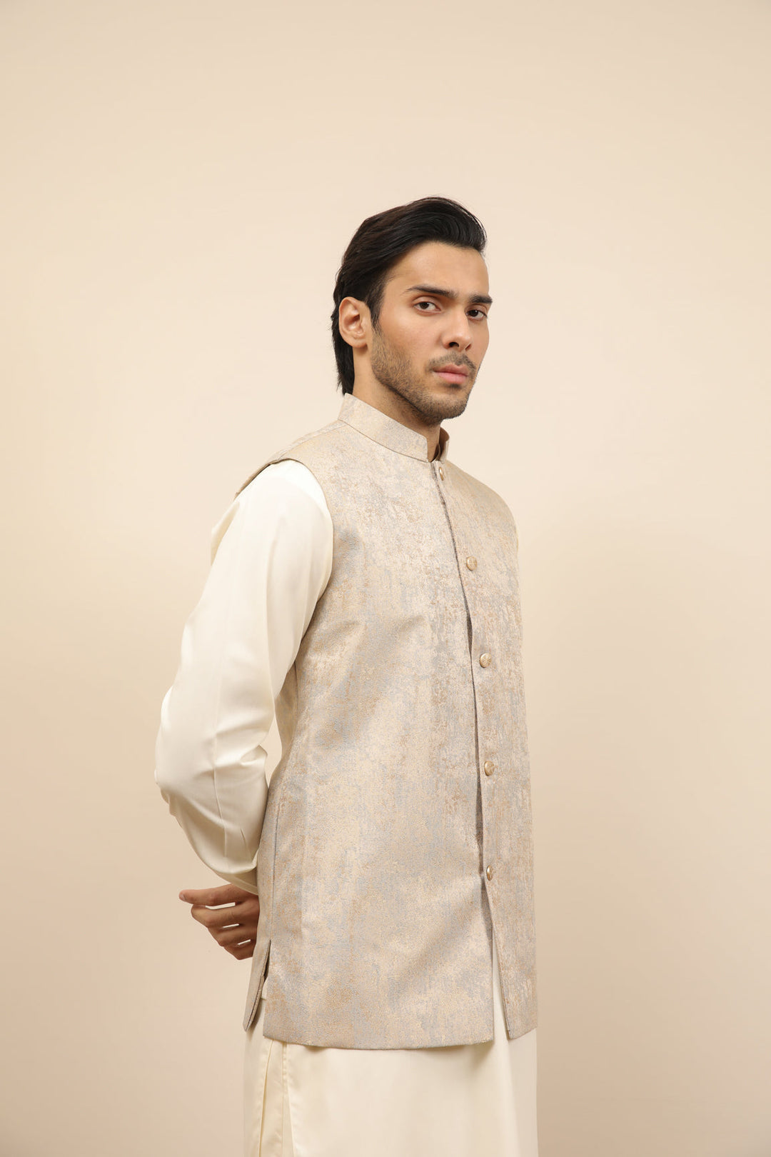 Muraqsh Ready To Wear Solids Bosky Men Bosky White Kurta Trouser with Blue Gold Jamawar Waistcoat MUR-BWKTW - Summer Collection