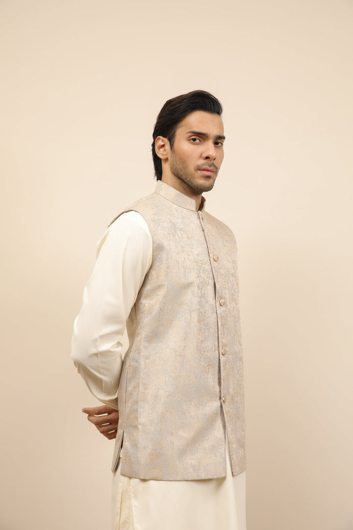 Muraqsh Ready To Wear Solids Bosky Men Bosky White Kurta Trouser with Blue Gold Jamawar Waistcoat MUR-BWKTW - Summer Collection