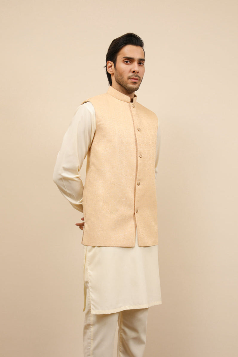 Muraqsh Ready To Wear Solids Cotton Men Ivory Jamawar Textured Waistcoat MUR-IJTW - Summer Collection
