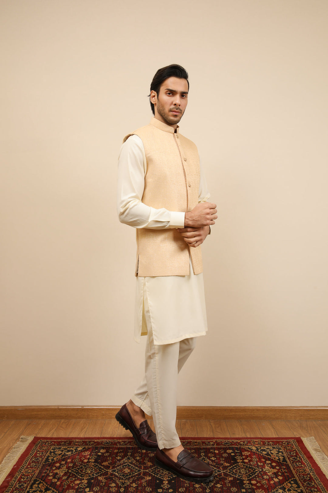 Muraqsh Ready To Wear Solids Bosky Men Bosky White Kurta Trouser with Ivory Jamawar Waistcoat MUR-BWKTW - Summer Collection