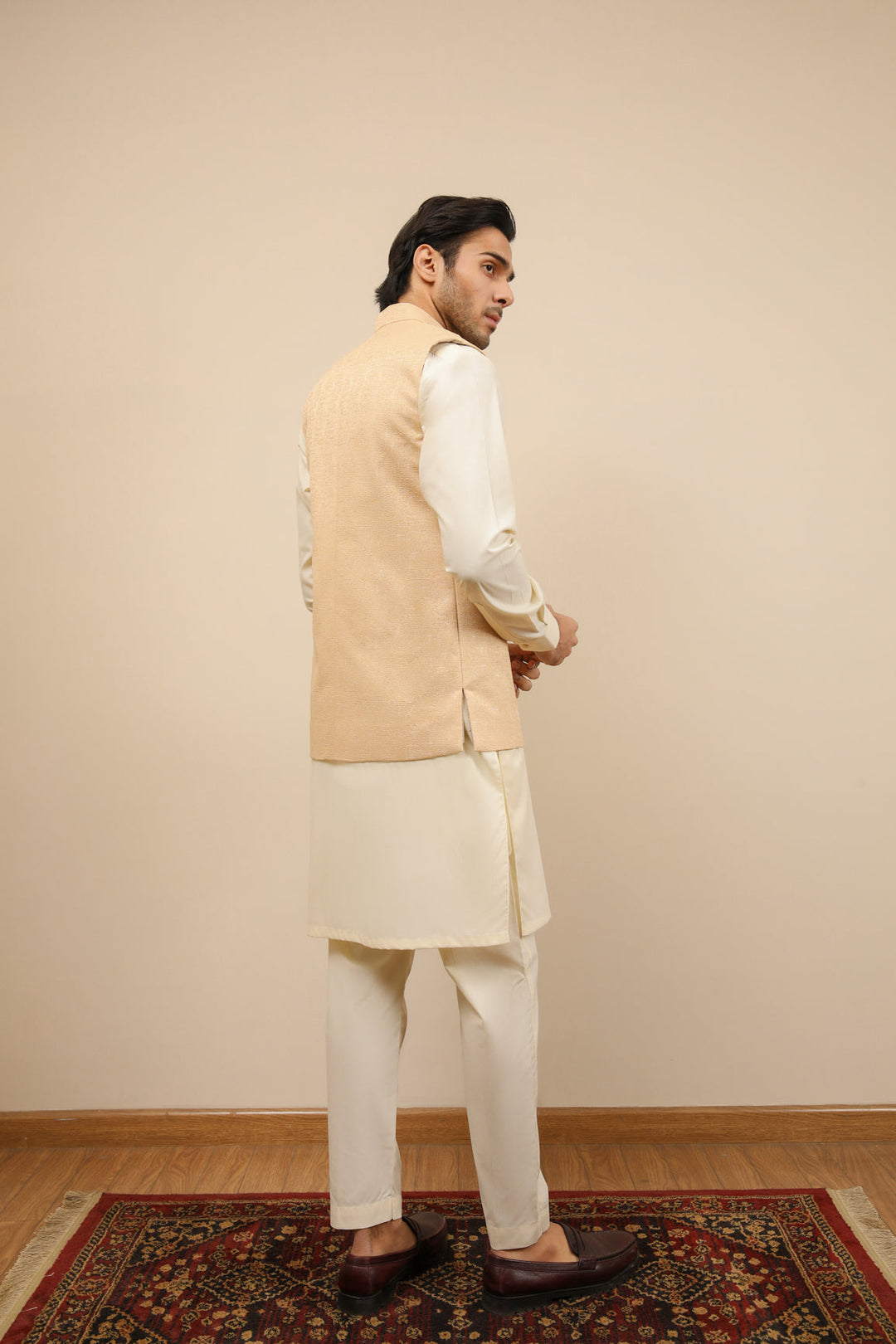 Muraqsh Ready To Wear Solids Bosky Men Bosky White Kurta Trouser with Ivory Jamawar Waistcoat MUR-BWKTW - Summer Collection