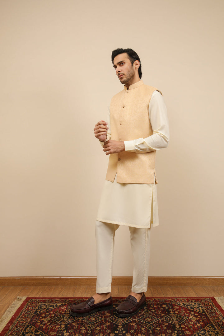 Muraqsh Ready To Wear Solids Bosky Men Bosky White Kurta Trouser with Ivory Jamawar Waistcoat MUR-BWKTW - Summer Collection