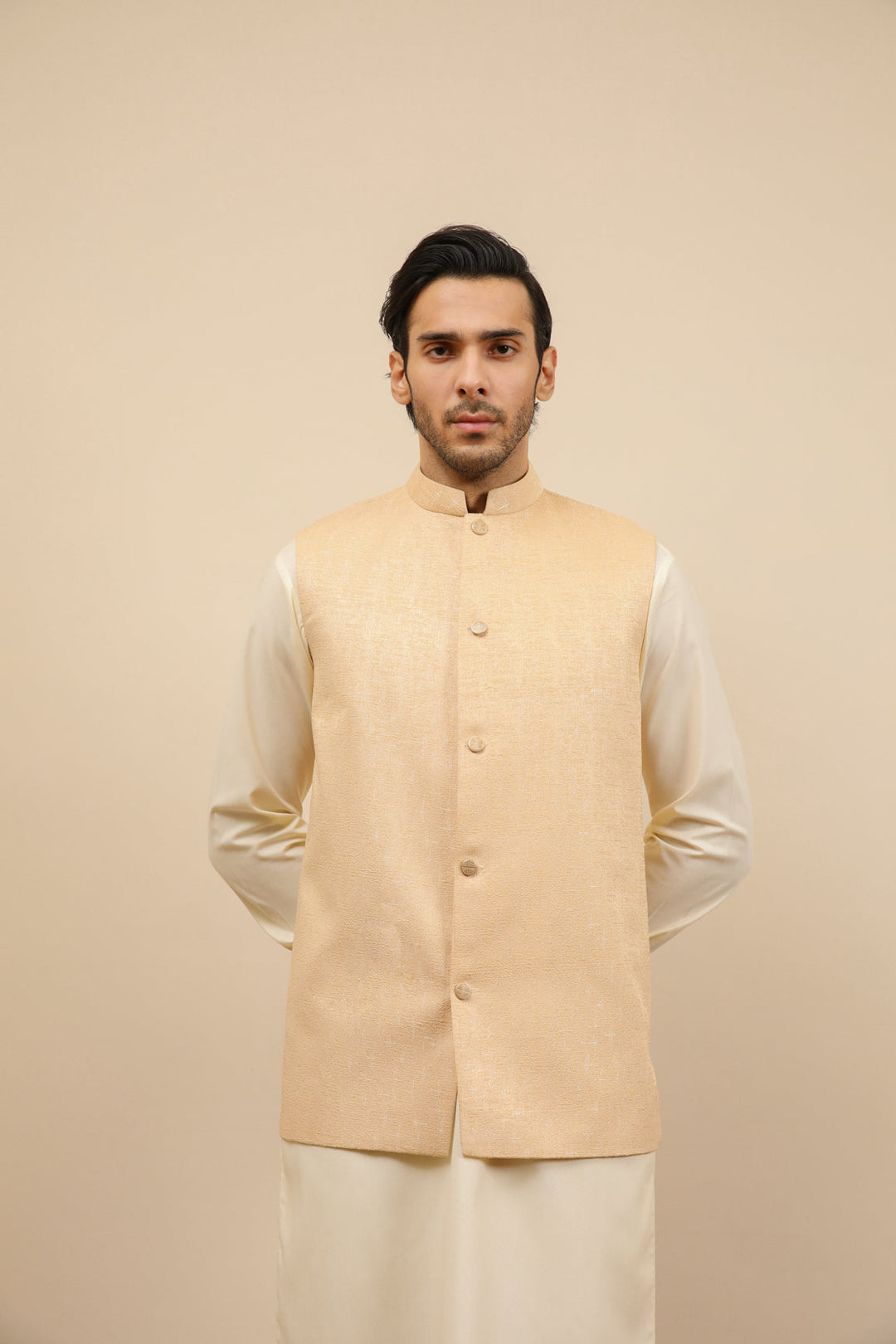 Muraqsh Ready To Wear Solids Cotton Men Ivory Jamawar Textured Waistcoat MUR-IJTW - Summer Collection