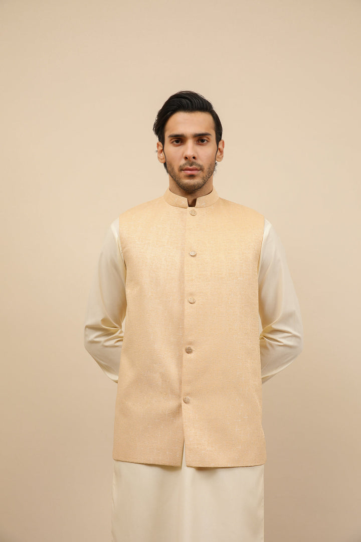 Muraqsh Ready To Wear Solids Bosky Men Bosky White Kurta Trouser with Ivory Jamawar Waistcoat MUR-BWKTW - Summer Collection