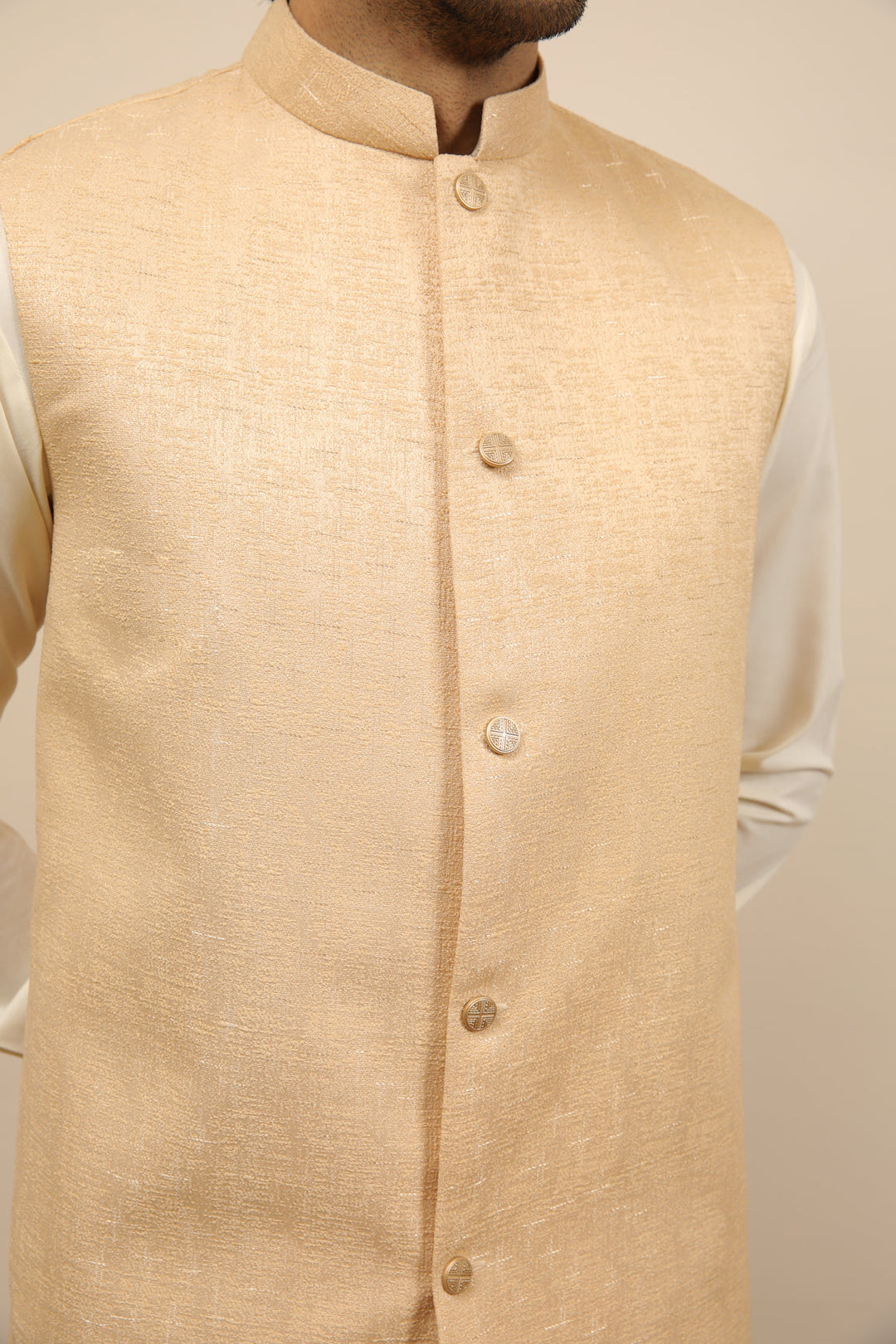 Muraqsh Ready To Wear Solids Cotton Men Ivory Jamawar Textured Waistcoat MUR-IJTW - Summer Collection