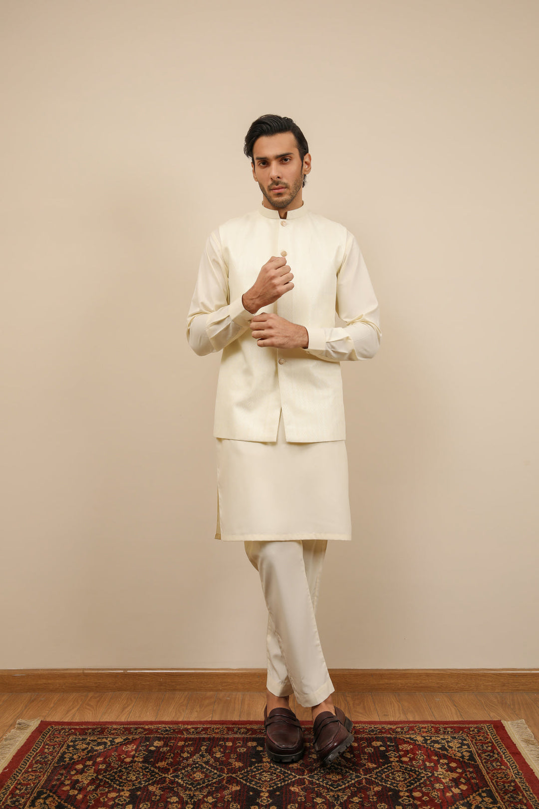 Muraqsh Ready To Wear Solids Bosky Men Bosky White Kurta Trouser with Off White Jamawar Waistcoat MUR-BWKTW - Summer Collection