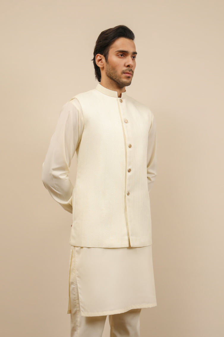 Muraqsh Ready To Wear Solids Cotton Men Off White Jamawar Textured Waistcoat MUR-OWJTW - Summer Collection