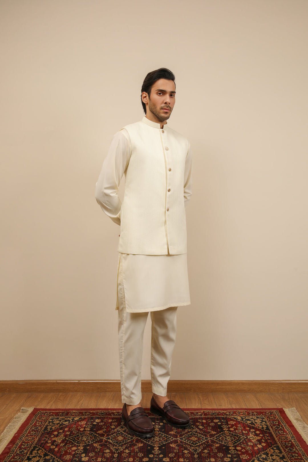 Muraqsh Ready To Wear Solids Bosky Men Bosky White Kurta Trouser with Off White Jamawar Waistcoat MUR-BWKTW - Summer Collection
