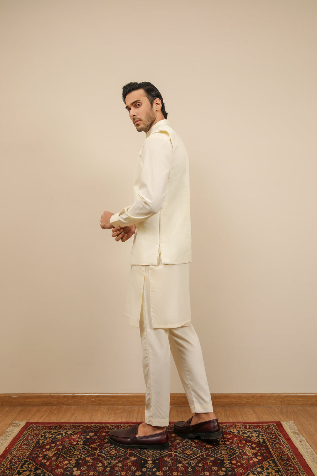 Muraqsh Ready To Wear Solids Bosky Men Bosky White Kurta Trouser with Off White Jamawar Waistcoat MUR-BWKTW - Summer Collection