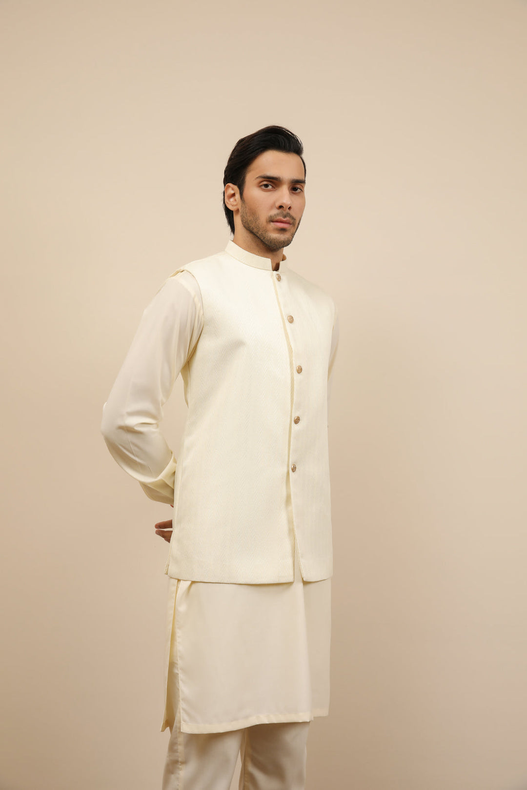 Muraqsh Ready To Wear Solids Cotton Men Off White Jamawar Textured Waistcoat MUR-OWJTW - Summer Collection