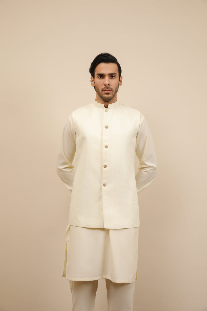 Muraqsh Ready To Wear Solids Bosky Men Bosky White Kurta Trouser with Off White Jamawar Waistcoat MUR-BWKTW - Summer Collection