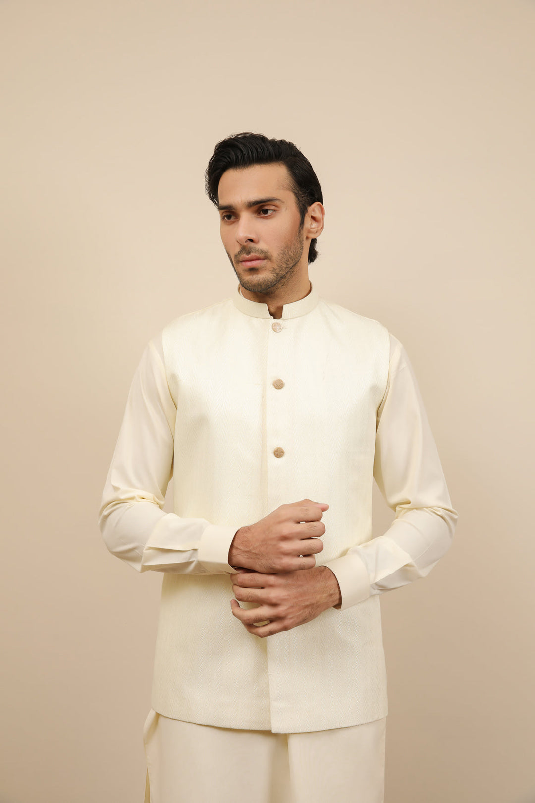 Muraqsh Ready To Wear Solids Cotton Men Off White Jamawar Textured Waistcoat MUR-OWJTW - Summer Collection