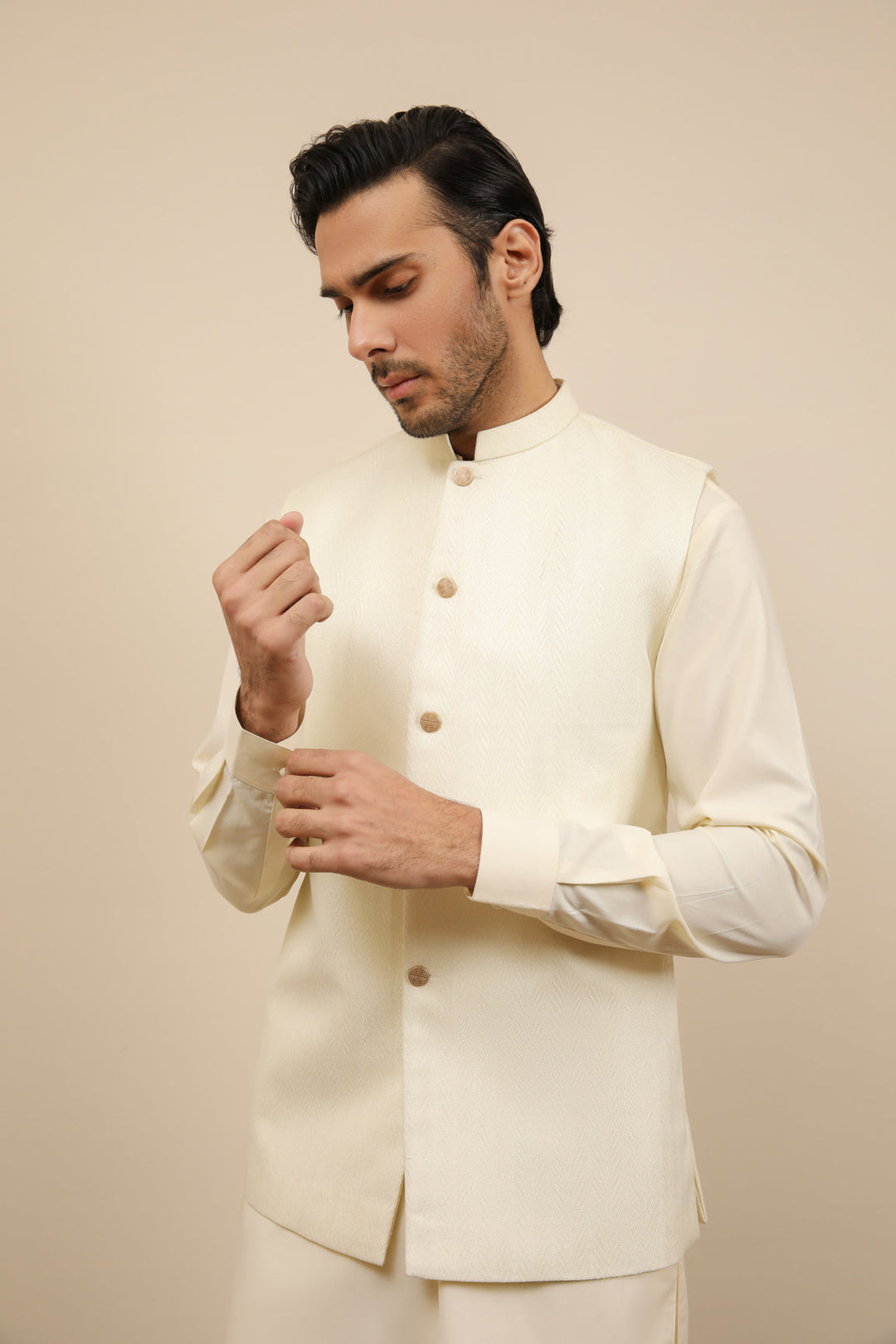 Muraqsh Ready To Wear Solids Bosky Men Bosky White Kurta Trouser with Off White Jamawar Waistcoat MUR-BWKTW - Summer Collection