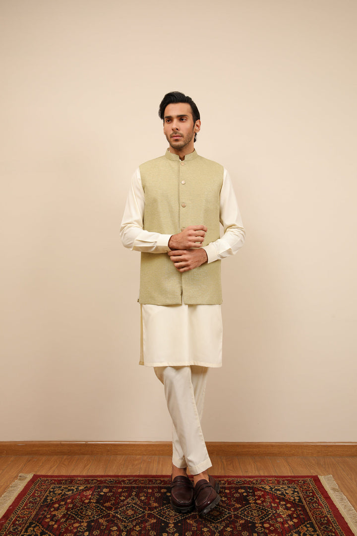 Muraqsh Ready To Wear Solids Bosky Men Bosky White Kurta Trouser with Mint Jamawar Waistcoat MUR-BWKTW - Summer Collection