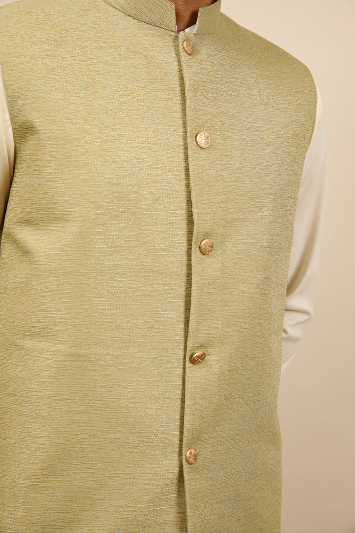 Muraqsh Ready To Wear Solids Bosky Men Bosky White Kurta Trouser with Mint Jamawar Waistcoat MUR-BWKTW - Summer Collection