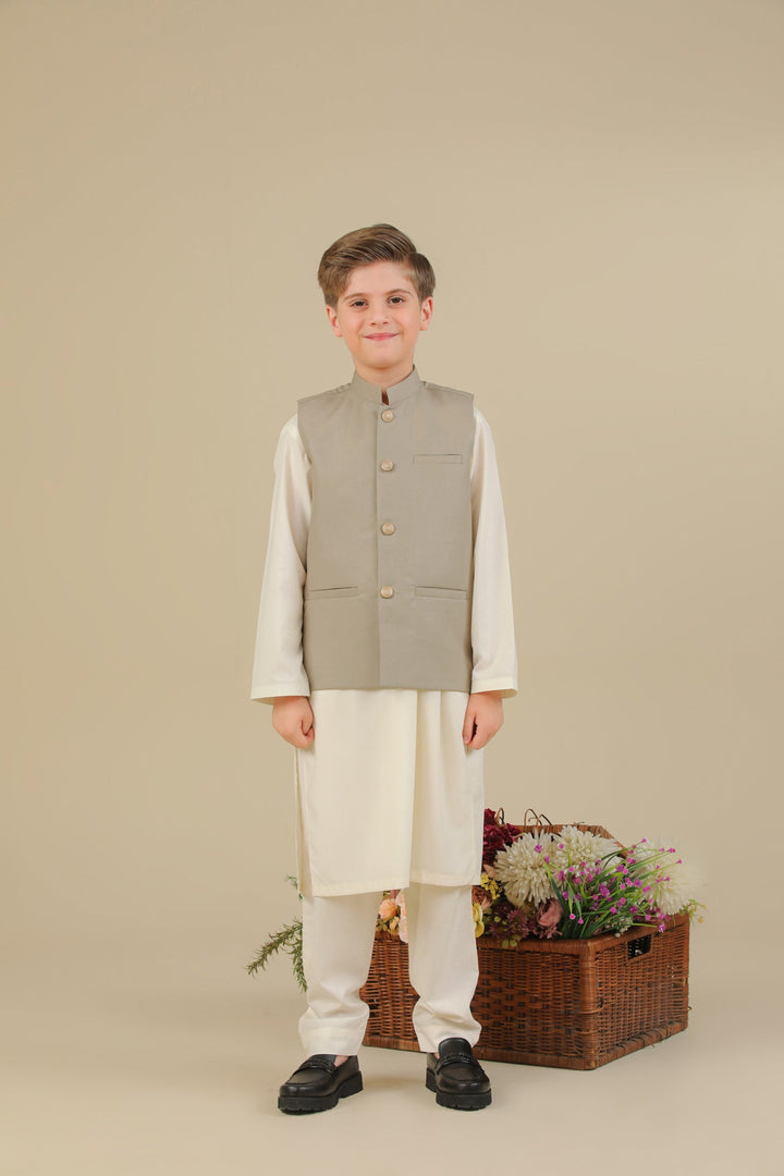 Muraqsh Ready To Wear Solids Cotton Boys Beige Suiting Waistcoat Straight Cut Buttoned MUR-BSW - Summer Collection