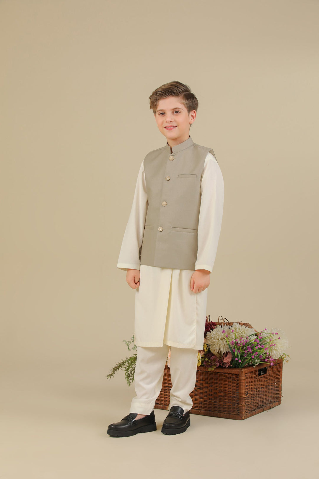 Muraqsh Ready To Wear Solids Bosky Boys Bosky White Kurta Trouser with Beige Suiting Waistcoat Straight Cut MUR-BWKTW - Summer Collection