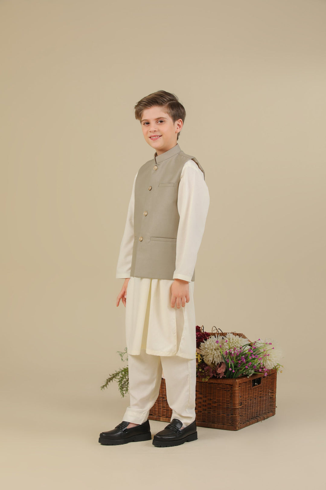 Muraqsh Ready To Wear Solids Bosky Boys Bosky White Kurta Trouser with Beige Suiting Waistcoat Straight Cut MUR-BWKTW - Summer Collection