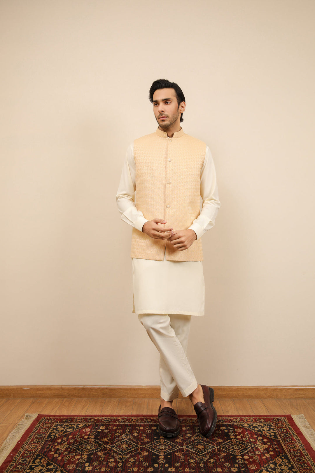 Muraqsh Ready To Wear Solids Waffle Men Skin Textured Jamawar Waistcoat MURWTJW - Summer Collection