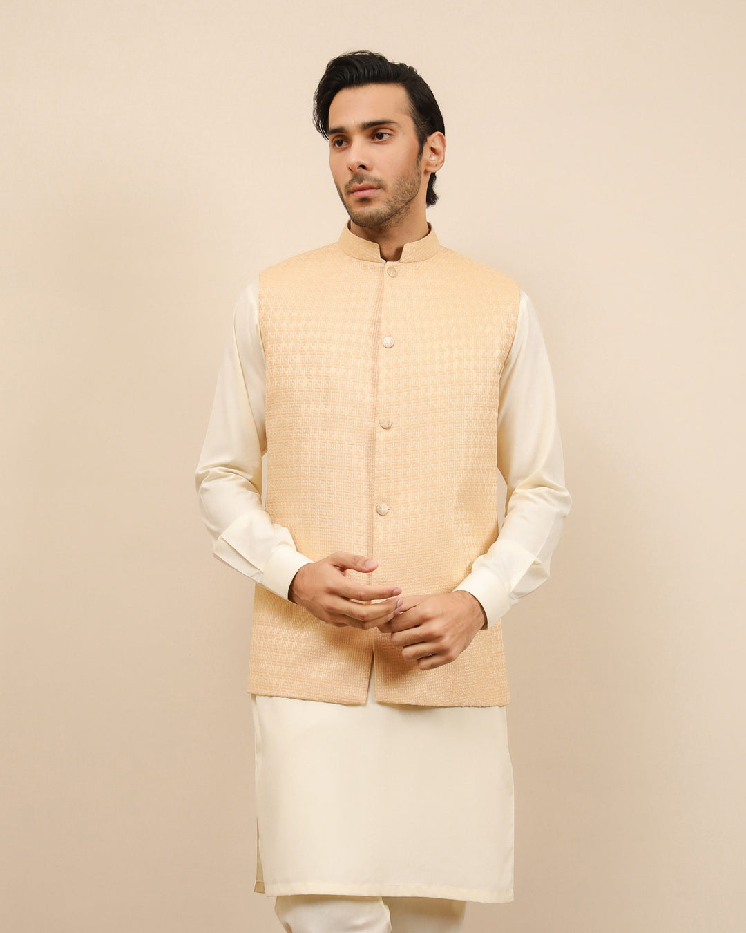 Muraqsh Ready To Wear Solids Cotton Men Ivory Jamawar Textured Waistcoat MUR-IJTW - Summer Collection