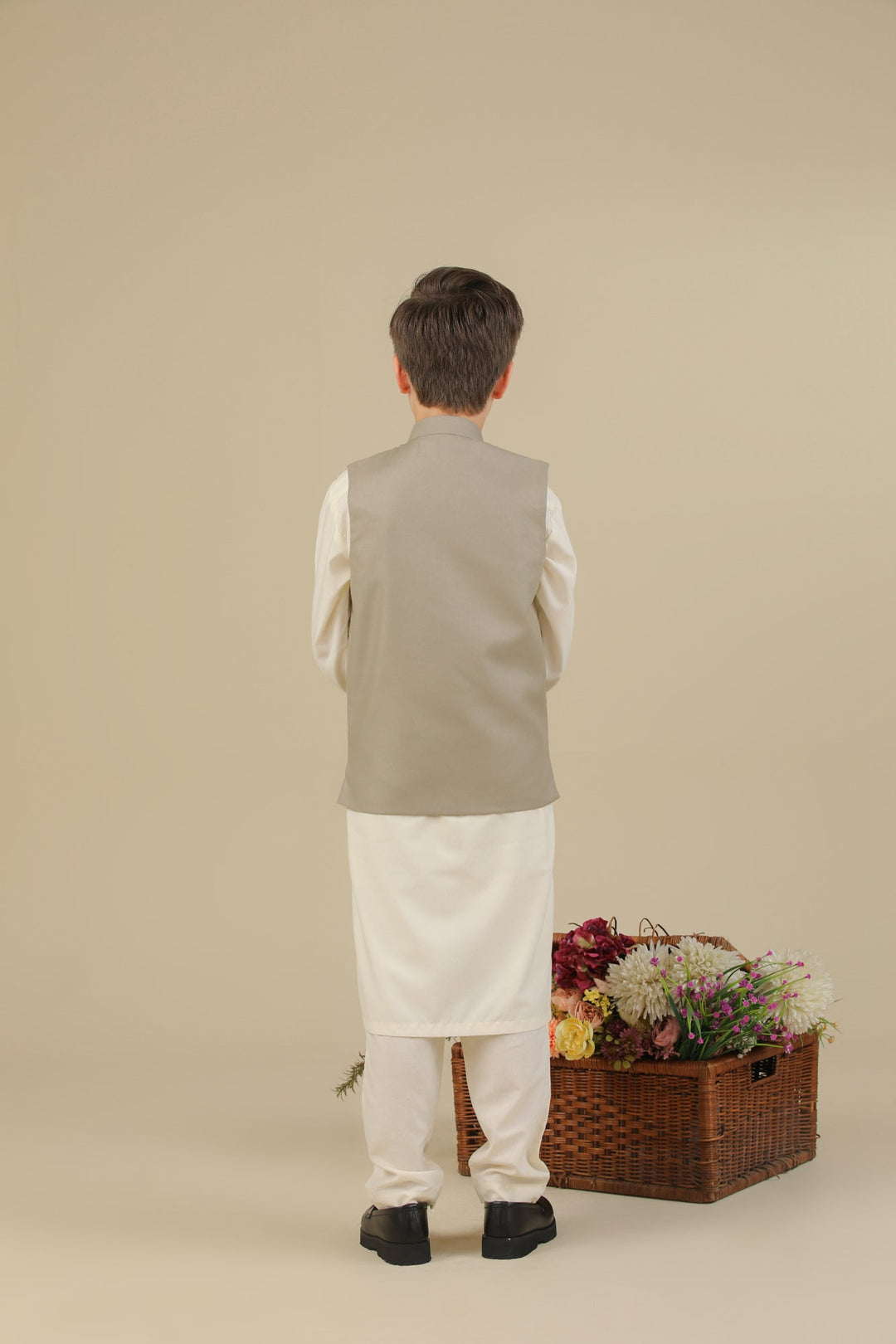 Muraqsh Ready To Wear Solids Bosky Boys Bosky White Kurta Trouser with Beige Suiting Waistcoat Straight Cut MUR-BWKTW - Summer Collection