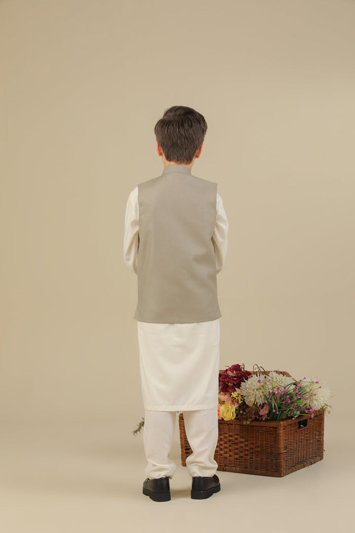 Muraqsh Ready To Wear Solids Bosky Boys Bosky White Kurta Trouser with Beige Suiting Waistcoat Straight Cut MUR-BWKTW - Summer Collection