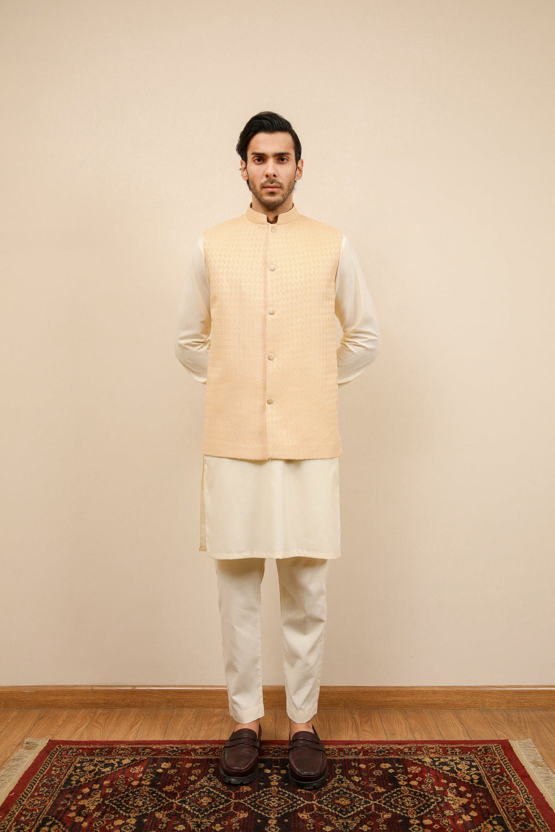Muraqsh Ready To Wear Solids Waffle Men Skin Textured Jamawar Waistcoat MURWTJW - Summer Collection