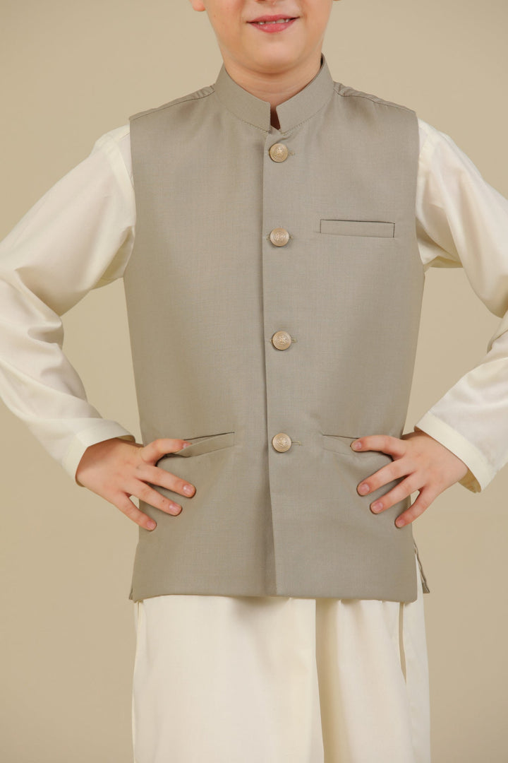 Muraqsh Ready To Wear Solids Cotton Boys Beige Suiting Waistcoat Straight Cut Buttoned MUR-BSW - Summer Collection