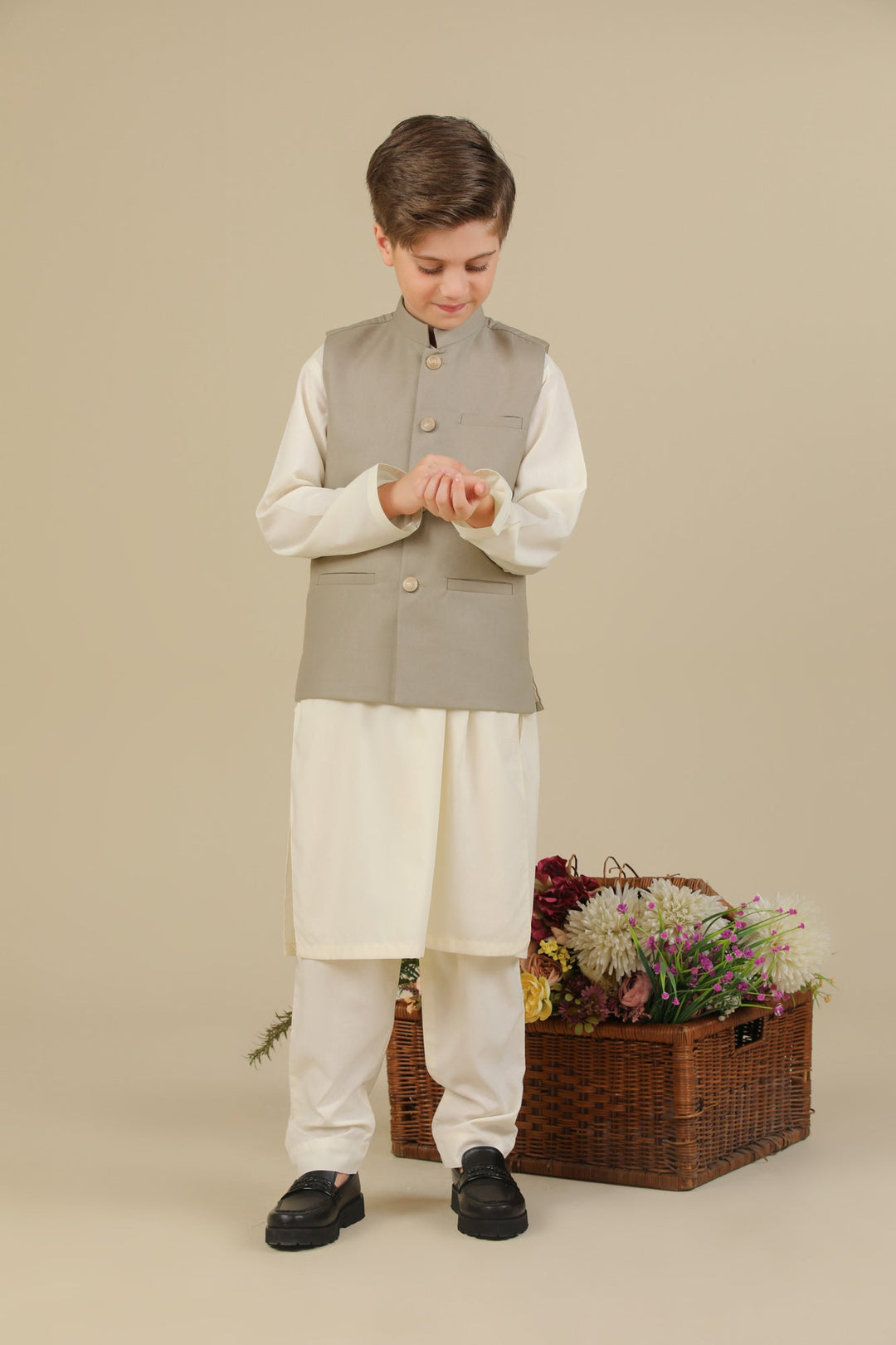 Muraqsh Ready To Wear Solids Cotton Boys Beige Suiting Waistcoat Straight Cut Buttoned MUR-BSW - Summer Collection