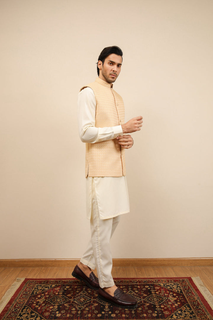 Muraqsh Ready To Wear Solids Waffle Men Skin Textured Jamawar Waistcoat MURWTJW - Summer Collection
