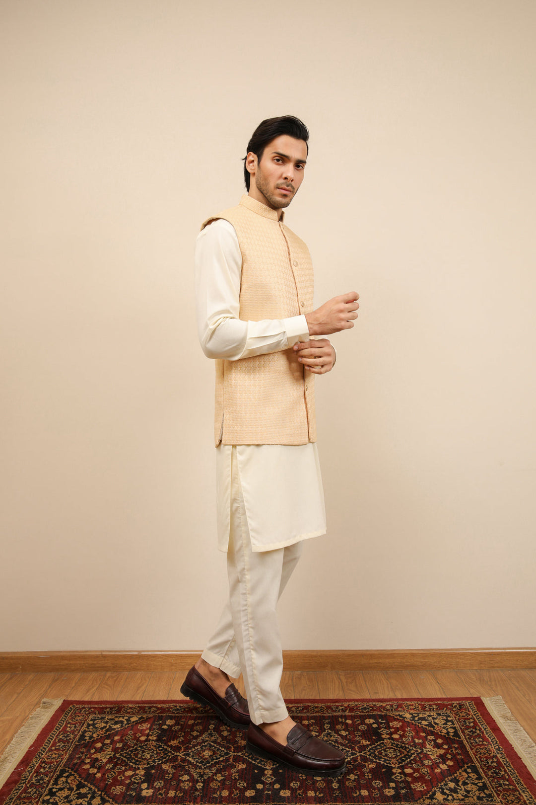 Muraqsh Ready To Wear Solids Bosky Men Bosky White Kurta Trouser with Skin Jamawar Waistcoat MUR-BWKTW - Summer Collection