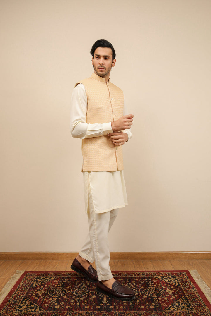 Muraqsh Ready To Wear Solids Bosky Men Bosky White Kurta Trouser with Skin Jamawar Waistcoat MUR-BWKTW - Summer Collection
