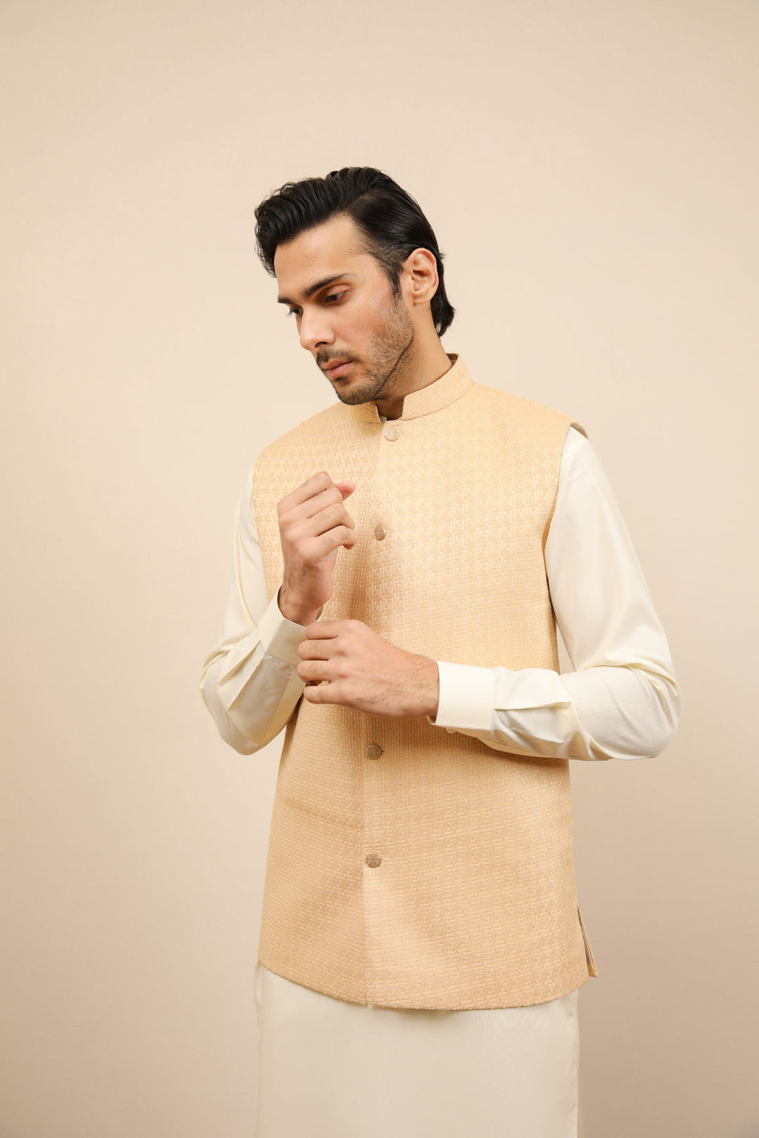 Muraqsh Ready To Wear Solids Bosky Men Bosky White Kurta Trouser with Skin Jamawar Waistcoat MUR-BWKTW - Summer Collection